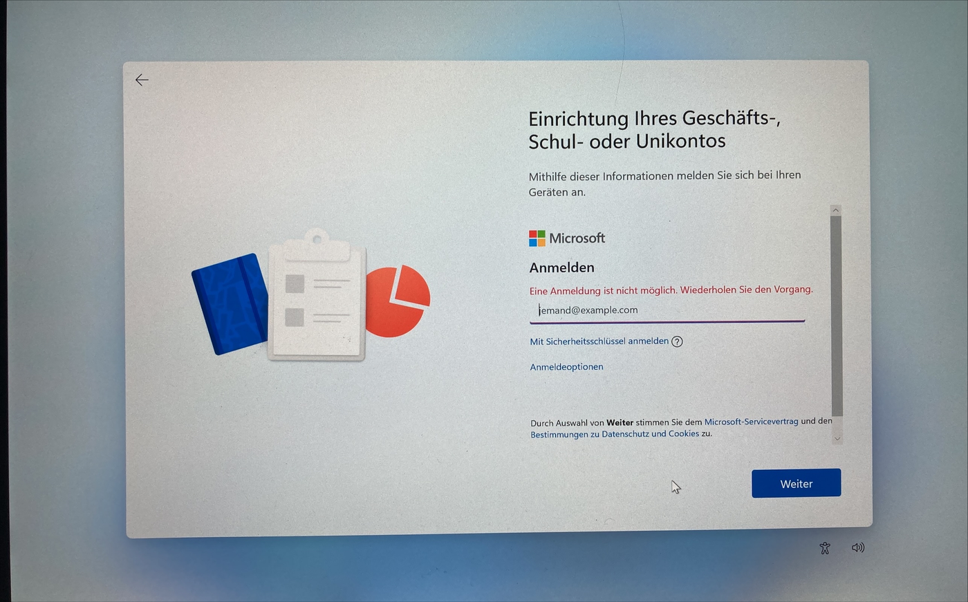 Generic Windows out-of-box setup screen showing a sign-in failure instead of company branding