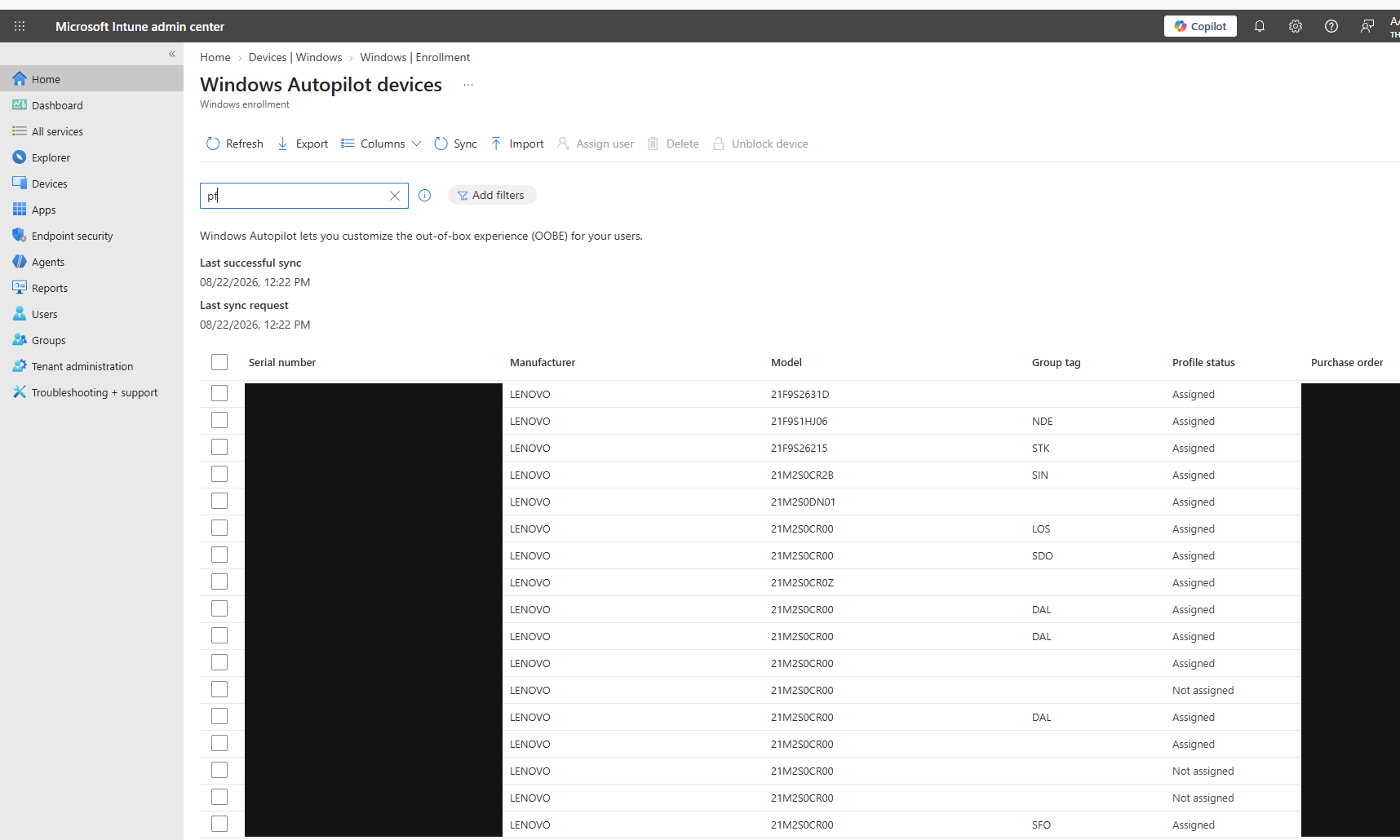 Windows Autopilot devices list showing multiple devices with Profile status Assigned