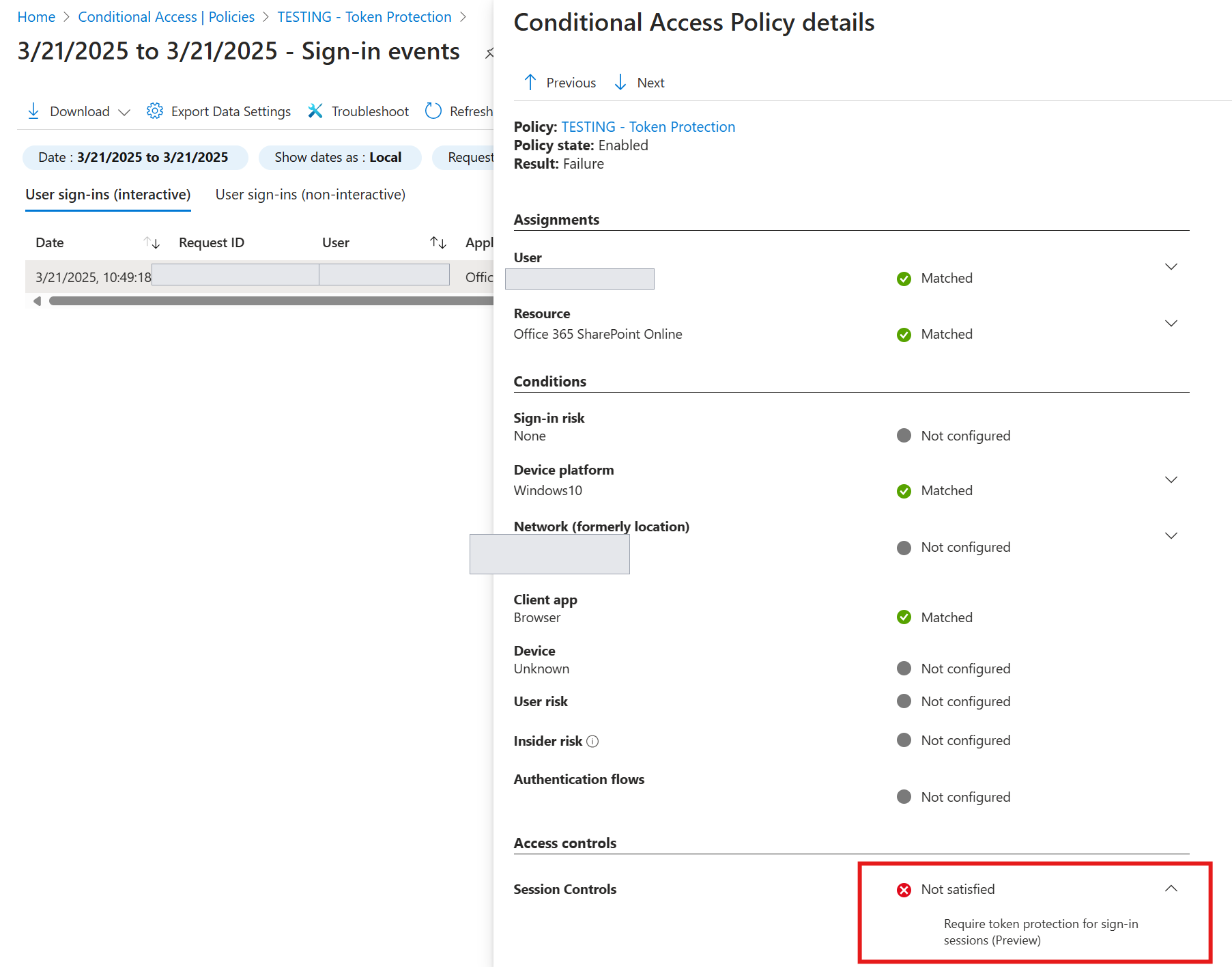 Conditional Access policy details pane showing Session Controls as Not satisfied, with Require token protection for sign-in sessions highlighted