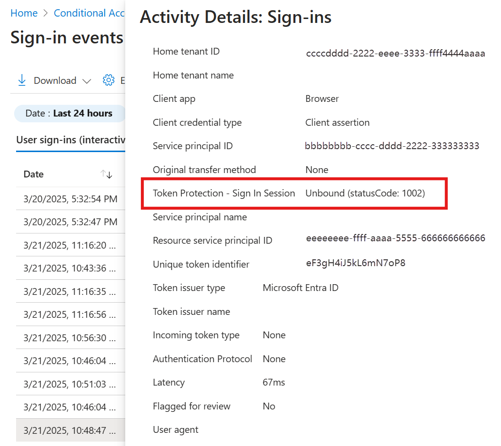 Sign-in activity details showing Token Protection - Sign In Session as Unbound with statusCode 1002