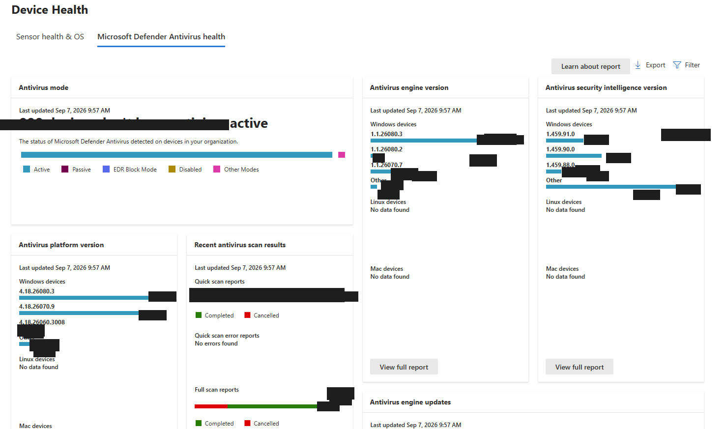 Real capture of the Microsoft Defender Antivirus health report, showing antivirus mode, engine version, security intelligence version and recent scan results, with device counts redacted