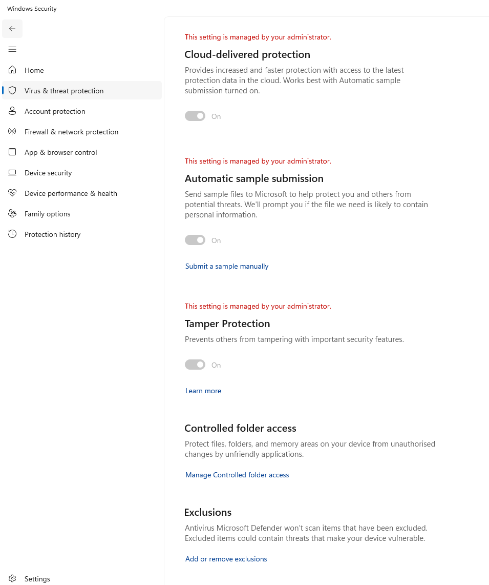 Real capture continuing down the Manage settings page, showing Automatic sample submission, Tamper Protection, Controlled folder access and Exclusions