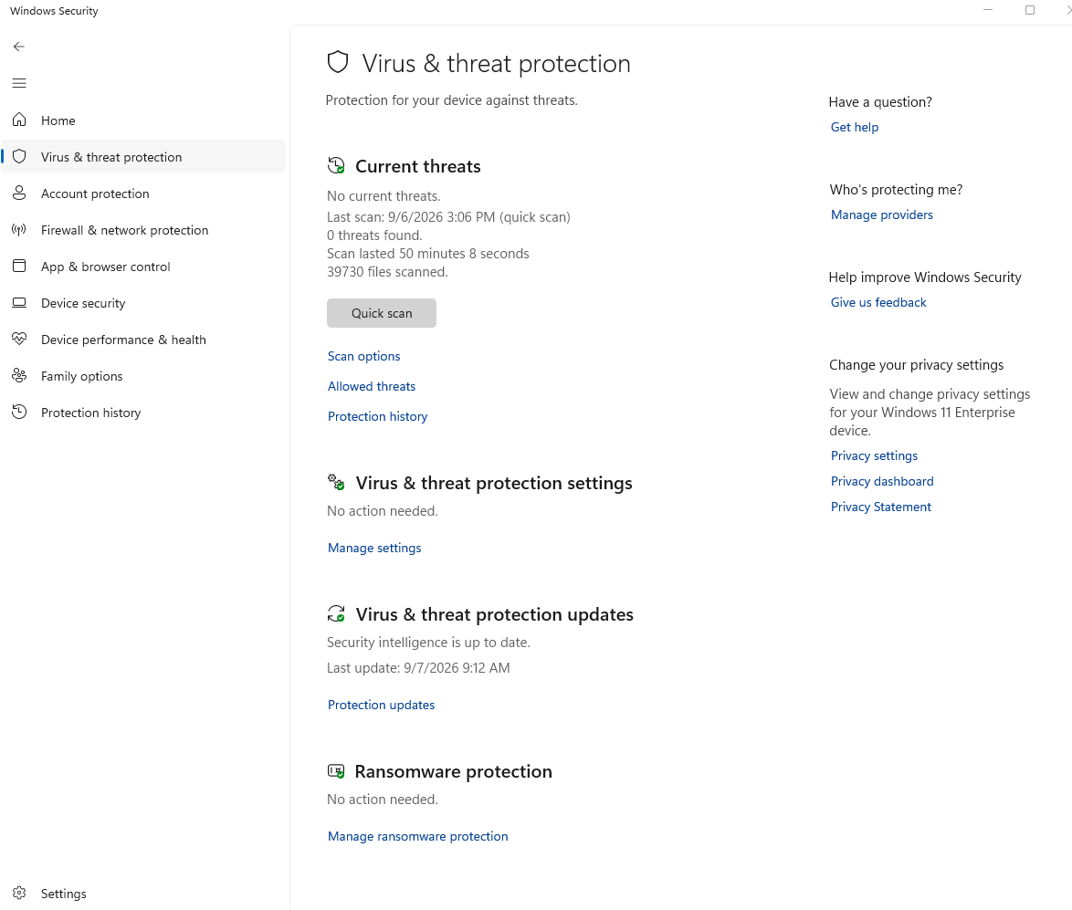 Real capture of the Windows Security Virus and threat protection home page, showing No action needed and current threats clean