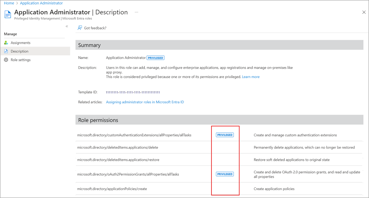 Application Administrator role Description page in the Entra admin center showing the PRIVILEGED badge next to the role name and per-permission PRIVILEGED tags on individual role permissions