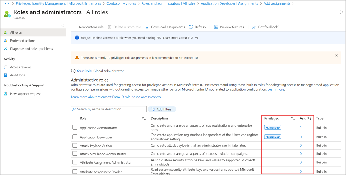 Entra admin center Roles and administrators page showing the Privileged and Assignments columns, with a warning that there are 12 privileged role assignments and the recommendation not to exceed 10