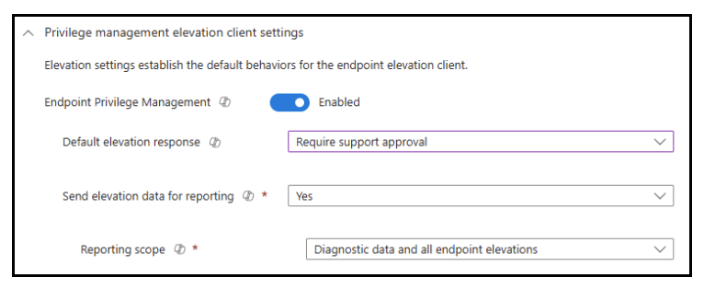 Real capture of the elevation settings policy configuration screen, showing Endpoint Privilege Management enabled, Default elevation response set to Require support approval, Send elevation data for reporting set to Yes, and Reporting scope set to Diagnostic data and all endpoint elevations