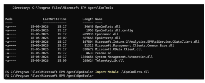 Real capture of a PowerShell terminal showing the EpmTools directory contents and a successful Import-Module of EpmCmdlets.dll