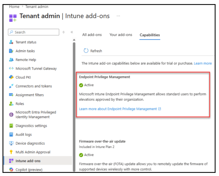 Real capture of Tenant administration, Intune add-ons, Capabilities tab showing Endpoint Privilege Management as Active