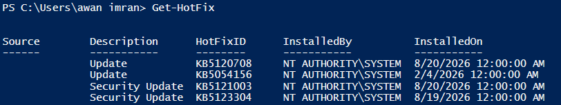 Get-HotFix output showing KB5120708, KB5054156, KB5121003, KB5123304 installed but KB5120998 absent