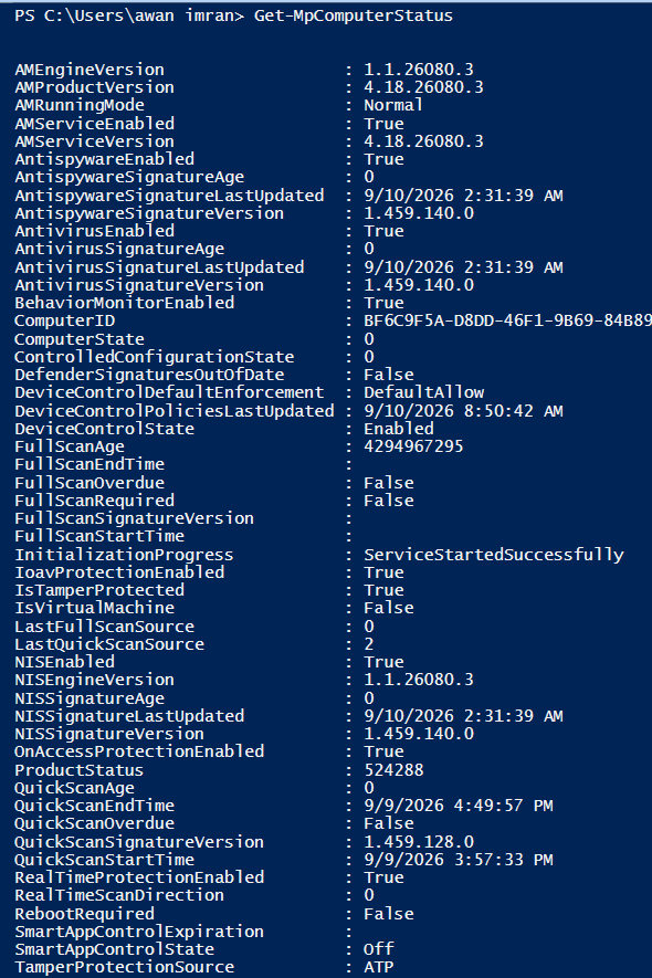 Get-MpComputerStatus output showing AMEngineVersion 1.1.26080.3 — the August engine, not yet patched for ShieldBreak