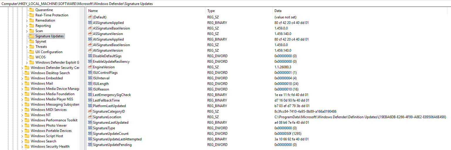 Registry Editor showing HKLM\SOFTWARE\Microsoft\Windows Defender\Signature Updates with EngineVersion 1.1.26080.3