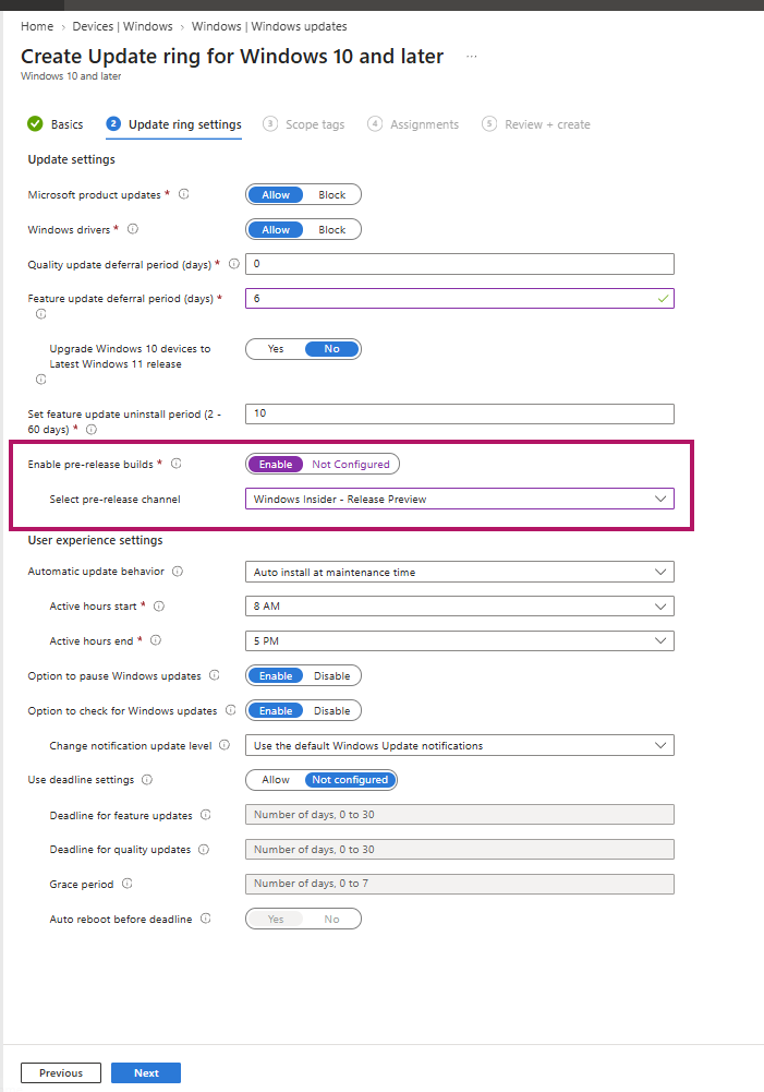 Real capture of the Intune Update ring settings page with Enable pre-release builds highlighted