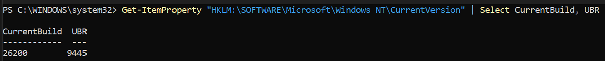 PowerShell Get-ItemProperty registry query showing CurrentBuild 26200 and UBR 9445