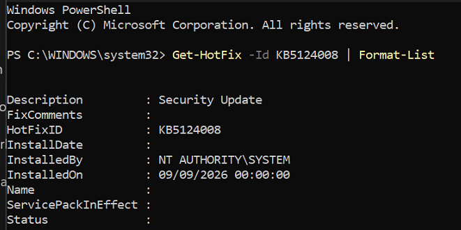 PowerShell Get-HotFix -Id KB5124008 output showing KB5124008 installed by NT AUTHORITY\SYSTEM on 09/09/2026