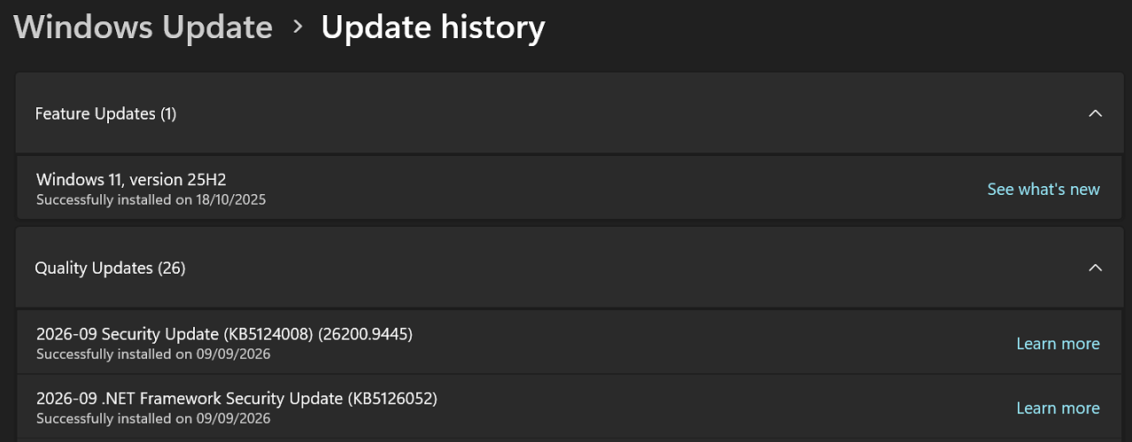 Windows Update History showing KB5124008 (26200.9445) successfully installed on 09/09/2026