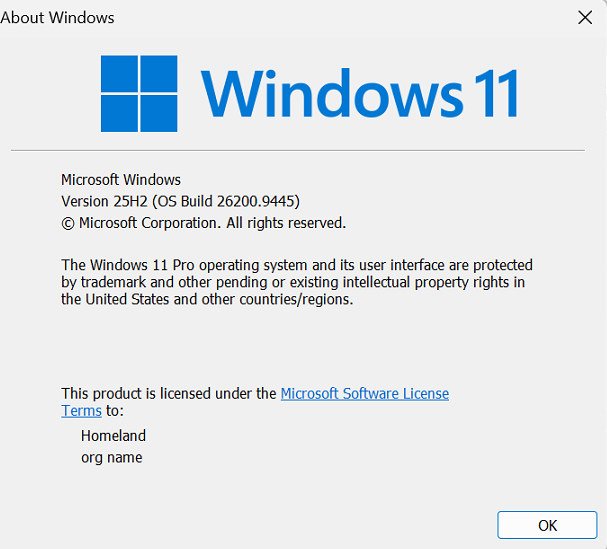 About Windows dialog showing Version 25H2, OS Build 26200.9445, confirming KB5124008 is installed