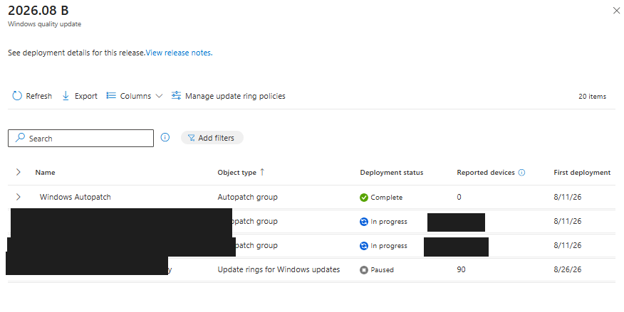 Real capture of Autopatch groups and their deployment rings, including a ring policy with status Paused, group names and device counts redacted