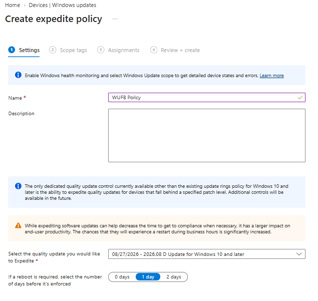 Real capture of the Create expedite policy wizard, showing Microsoft's own note that expediting is currently the only dedicated emergency quality-update control besides update rings