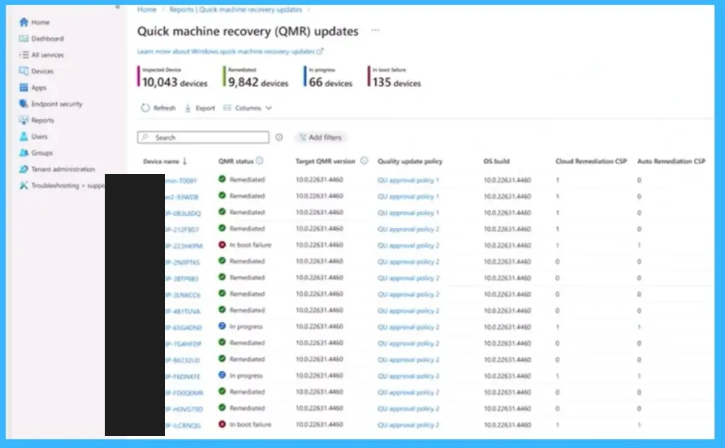 Real capture of the Quick machine recovery (QMR) updates report, showing device counts by remediation status and the quality update policy tied to each device, device names redacted