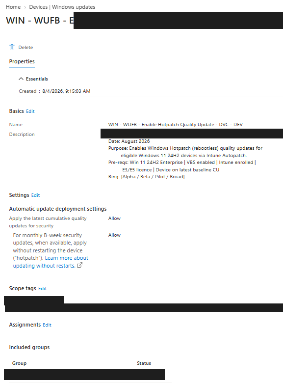 Real capture of a Windows quality update policy's properties page, showing scope tags, assignments and included groups, with the owner name and internal scope tag redacted