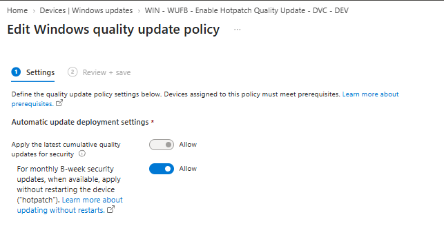 Real capture of a Windows quality update policy's Automatic update deployment settings, showing Allow toggles for cumulative updates and hotpatch