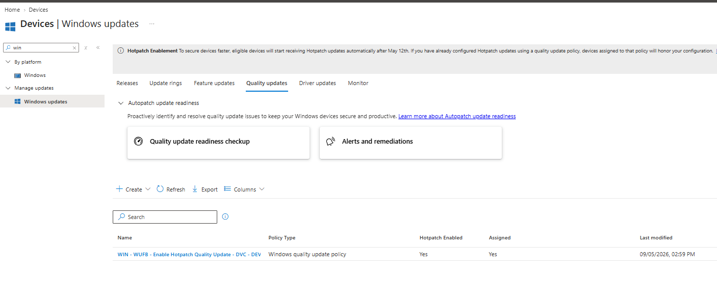 Real capture of the Devices, Windows updates, Quality updates tab, showing Autopatch update readiness tools and the policy list