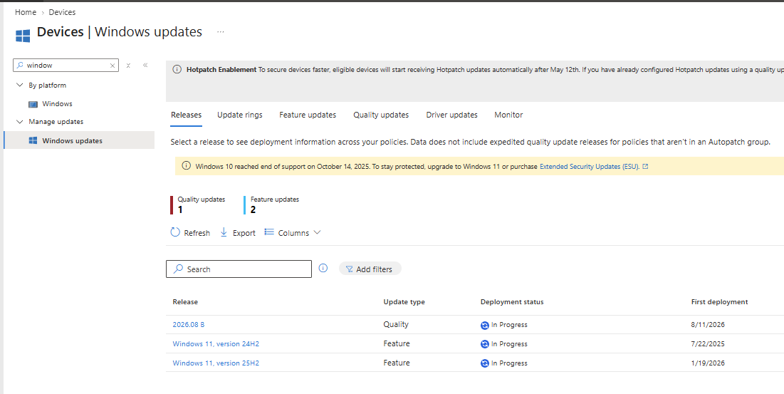 Real capture of the Windows updates Releases tab, showing quality and feature update releases with deployment status and first-deployment date
